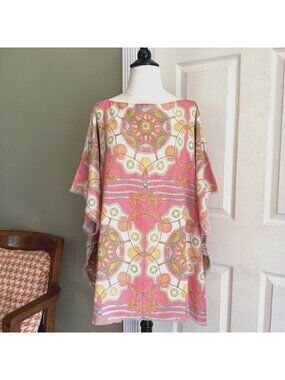 size L/XL Tyler Boe silk caftan coral pink white orange blue beach cover up